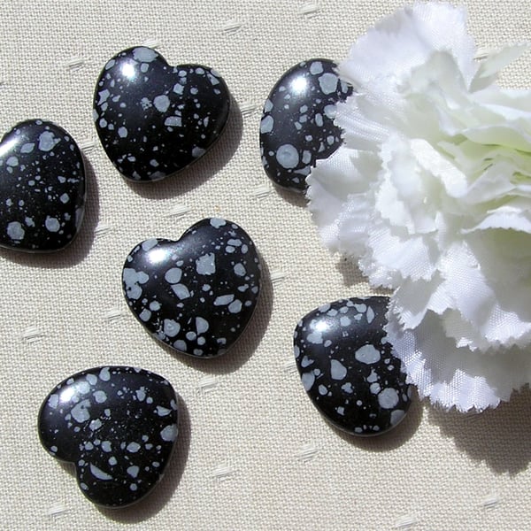 6 Snowflake Obsidian Solid Gemstone Polished Hearts - 20mm - Chakra - Crafting