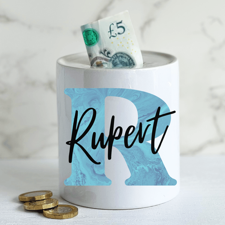 Personalised Ceramic Money Box -Novelty Present Blue Marble Initial and Name