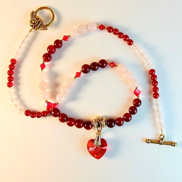 Ruby Red Swarovski Crystal Heart, Red Agate, Rose Quartz And Carnelian Necklace.
