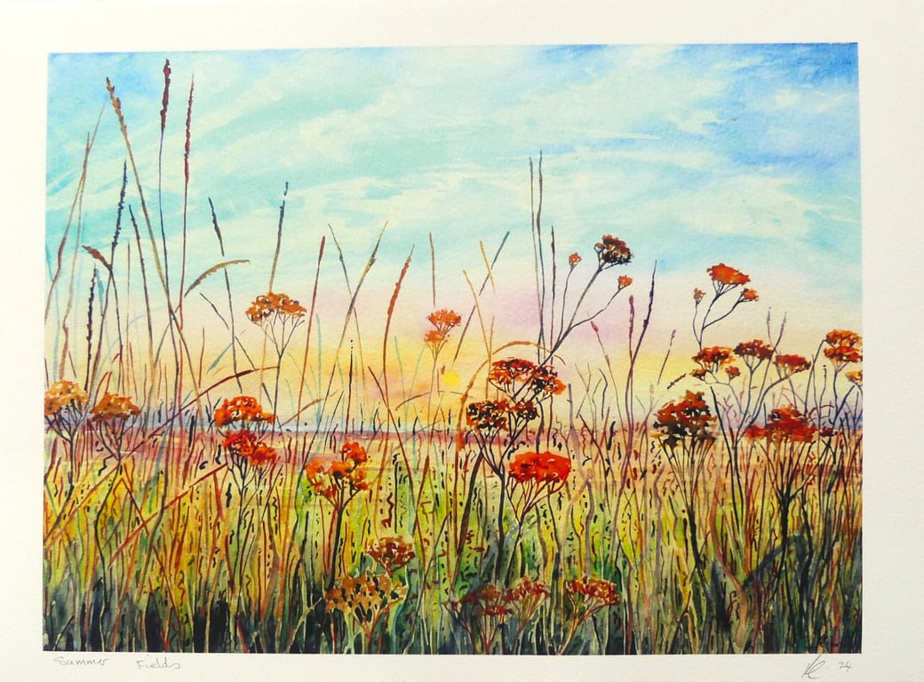 Colourful Watercolour Print: Summer Fields  Landscape Bespoke Art