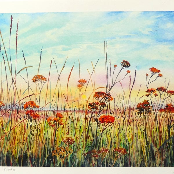 Colourful Watercolour Print: Summer Fields  Landscape Bespoke Art