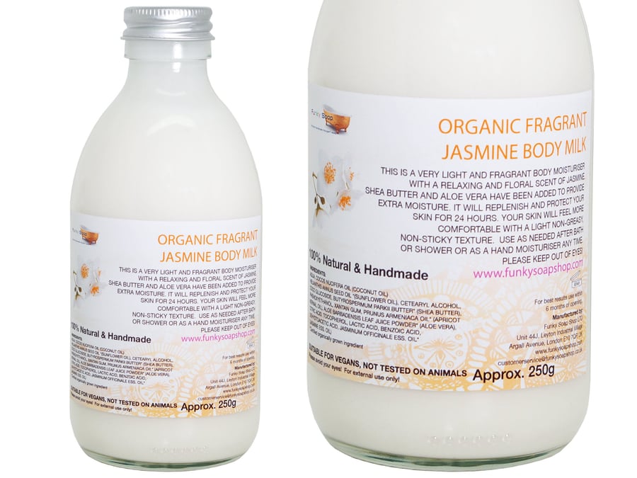 ORGANIC Fragrant Jasmine Body Milk, Plastic Free, Glass Bottle of 250ml