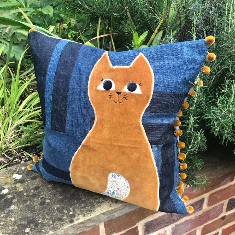 Velvet Cat And Patchwork Denim cushion cover