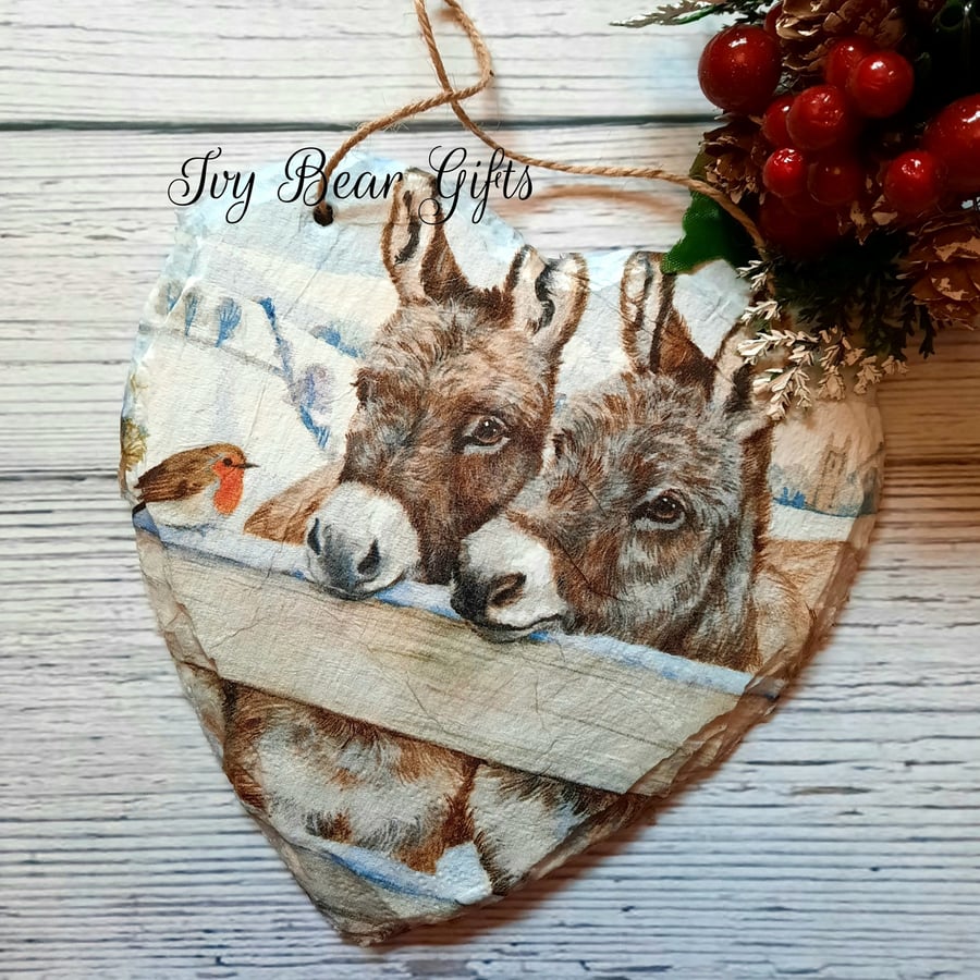 Christmas donkey with robin slate heart decoration