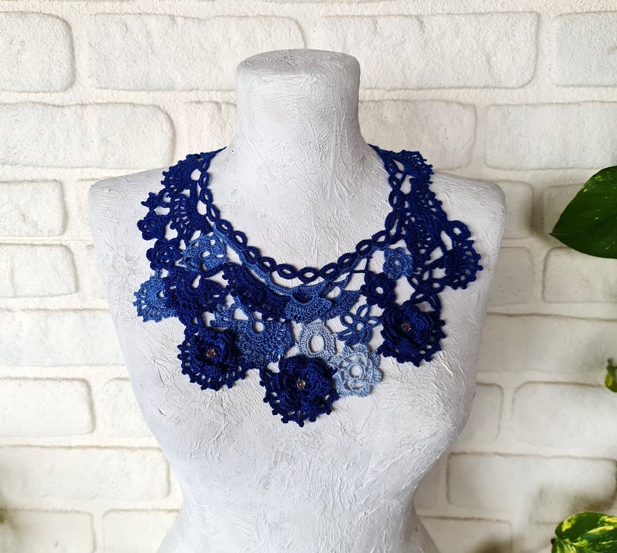 Blue crochet everyday necklace Blue flowers hand crochet necklace Boho jewelry