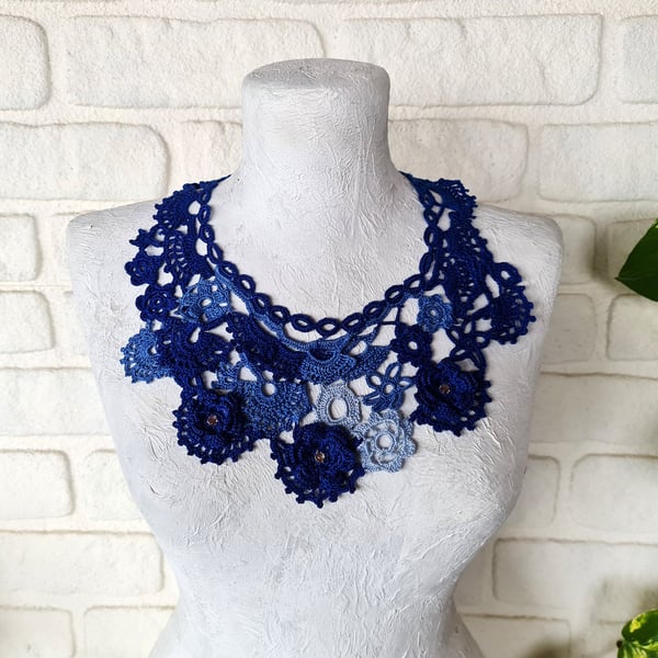 Blue crochet everyday necklace Blue flowers hand crochet necklace Boho jewelry