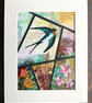 Original mixed media artwork of swallow and flowers, gift for bird lover - Image 5