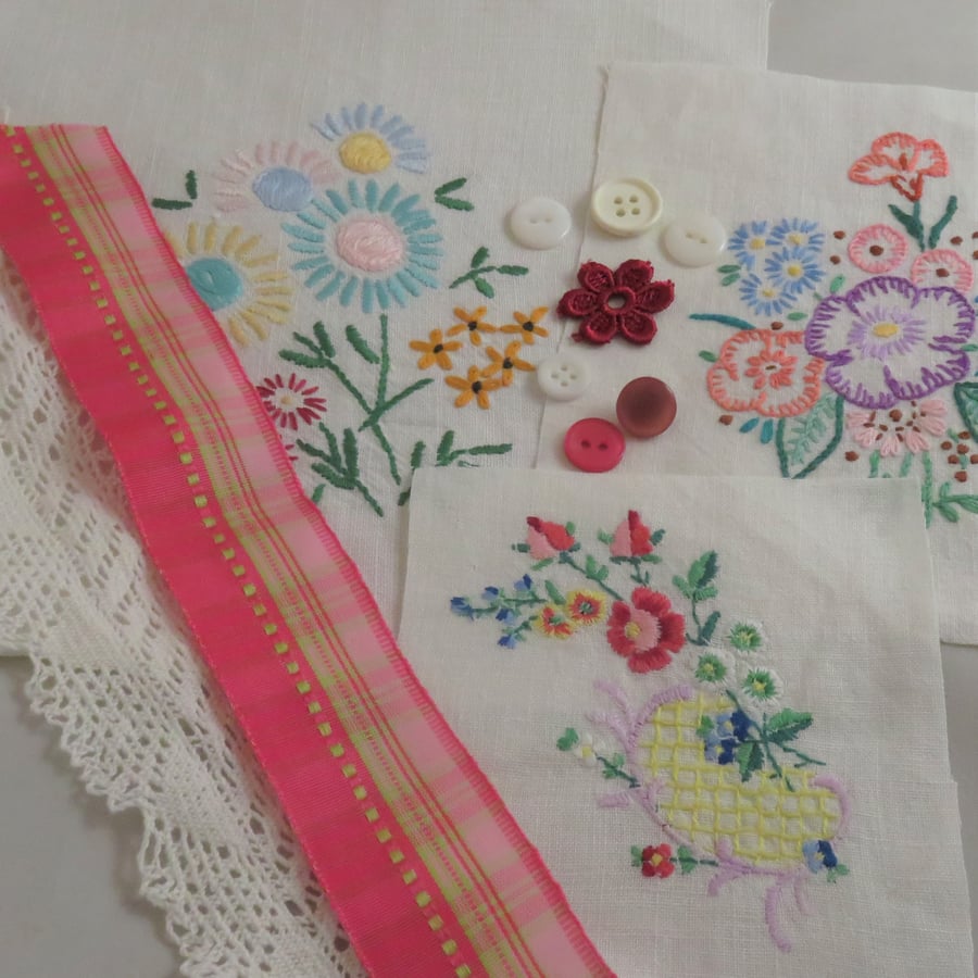 Inspiration pack including embroidered vintage linens - pink
