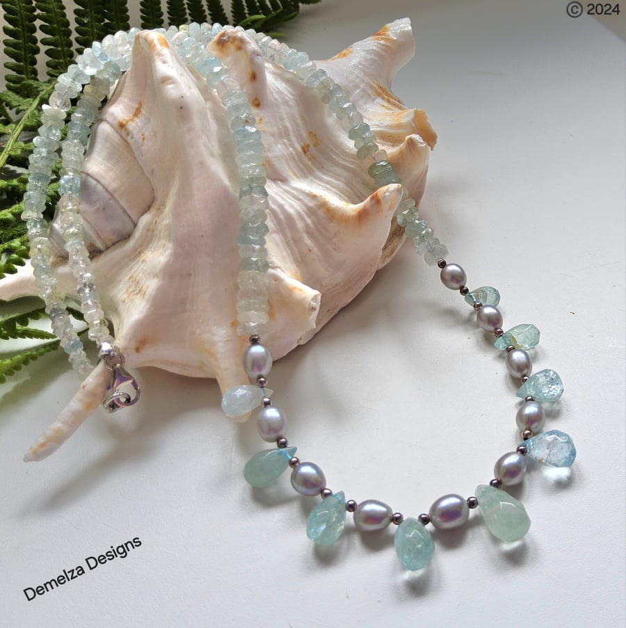 Designer Beryle, Freshwater Rice Pearls and Aquamarine Sterling Silver Necklace 