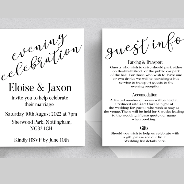 Evening Wedding Invitation, Personalised Wedding Stationery, Elegant Wedding 