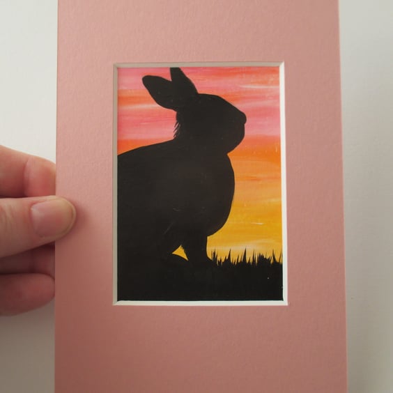 ACEO Rabbit Bunny Original Painting Picture Mount Mounted Art Sunrise Sunset