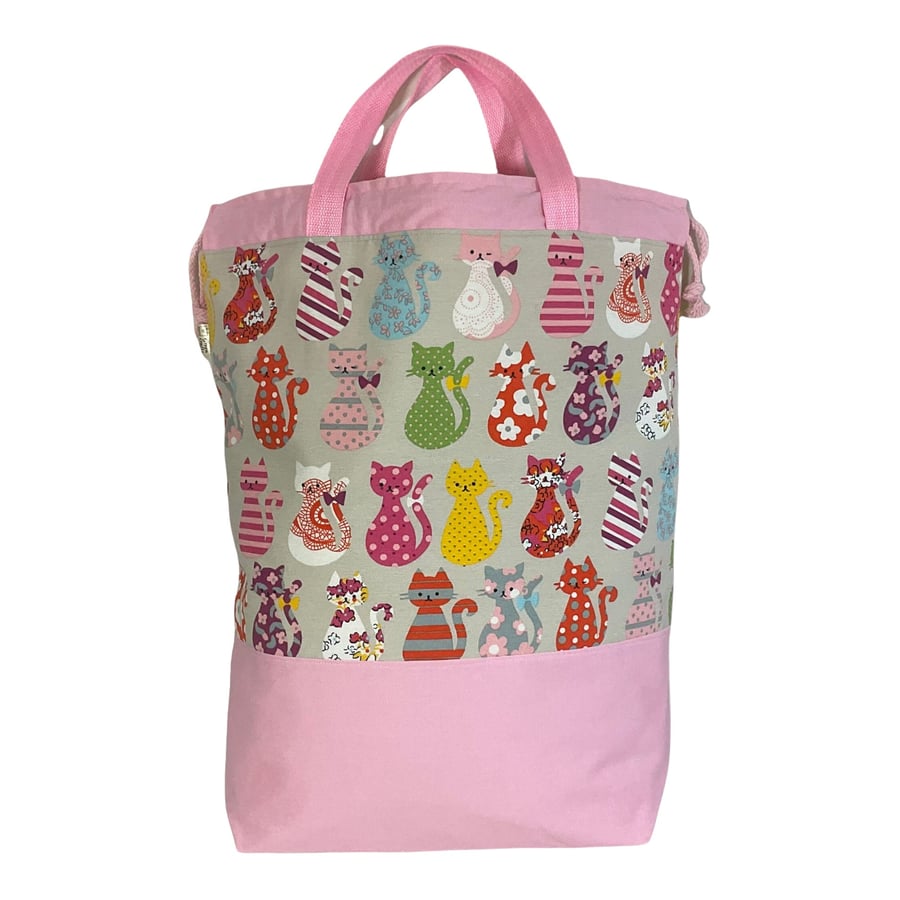 XXL drawstring knitting bag with colourful Cat print, supersized multi pockets p