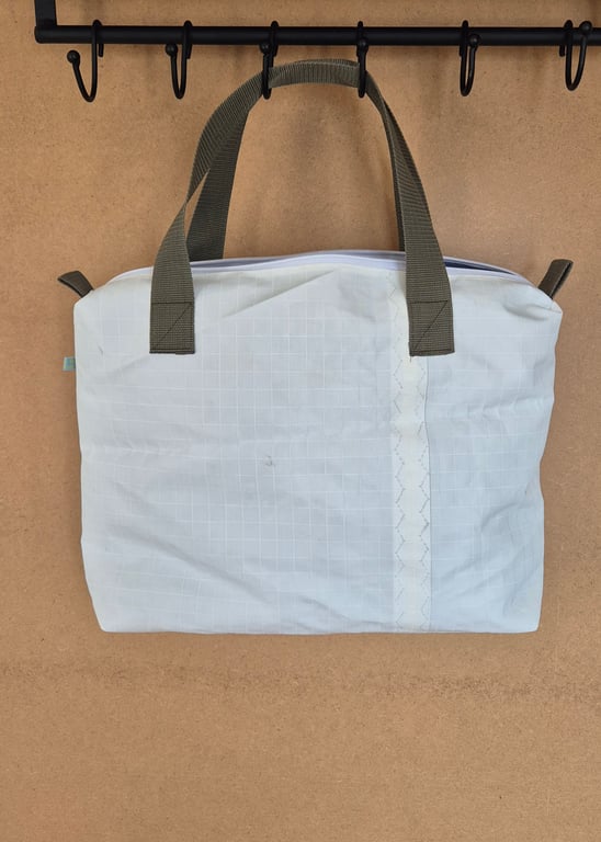 Top Handle Handbag - Upcycled Sail Cloth Office Bag with Olive green Handles
