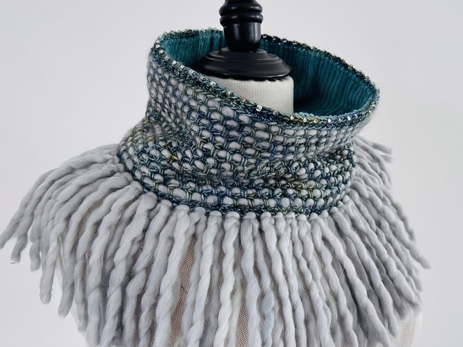 Reversible Blue and Green Merino Wool Cowl with Blue Cord Reverse.