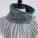 Reversible Blue and Green Merino Wool Cowl with Blue Cord Reverse.