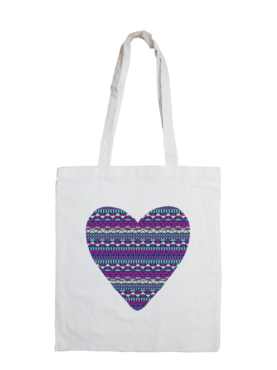 Aztec Heart Cotton Tote Bag with Fair Isle Pattern
