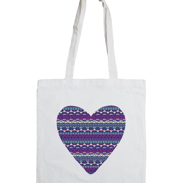Aztec Heart Cotton Tote Bag with Fair Isle Pattern