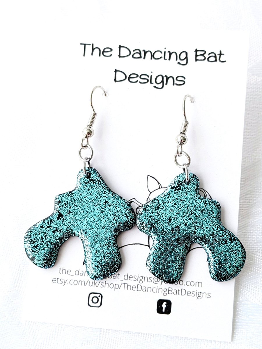 Medium Squiggle Arch Earrings With Green Glitter, Hook Ear Wires, Polymer Clay