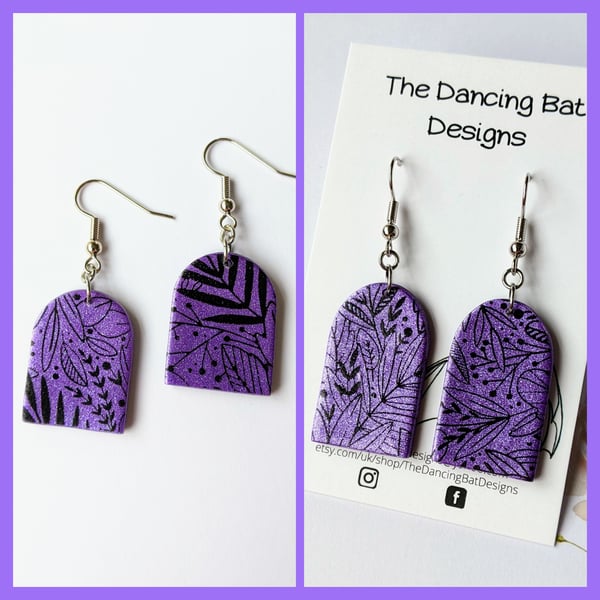 Purple Arch Earrings with Black Jungle Leaf Print, Polymer Clay