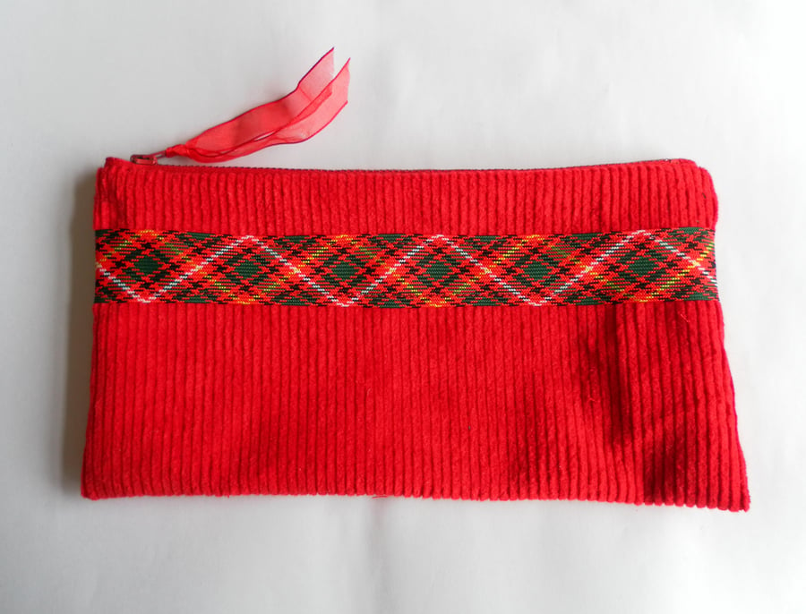 Make Up Bag, Pencil Case, Red Corduroy with Tartan Ribbon Trim