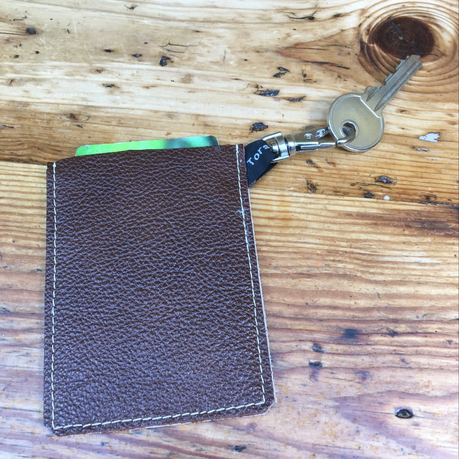 Card holder, travel card cover with key clip - Cream & brown leather