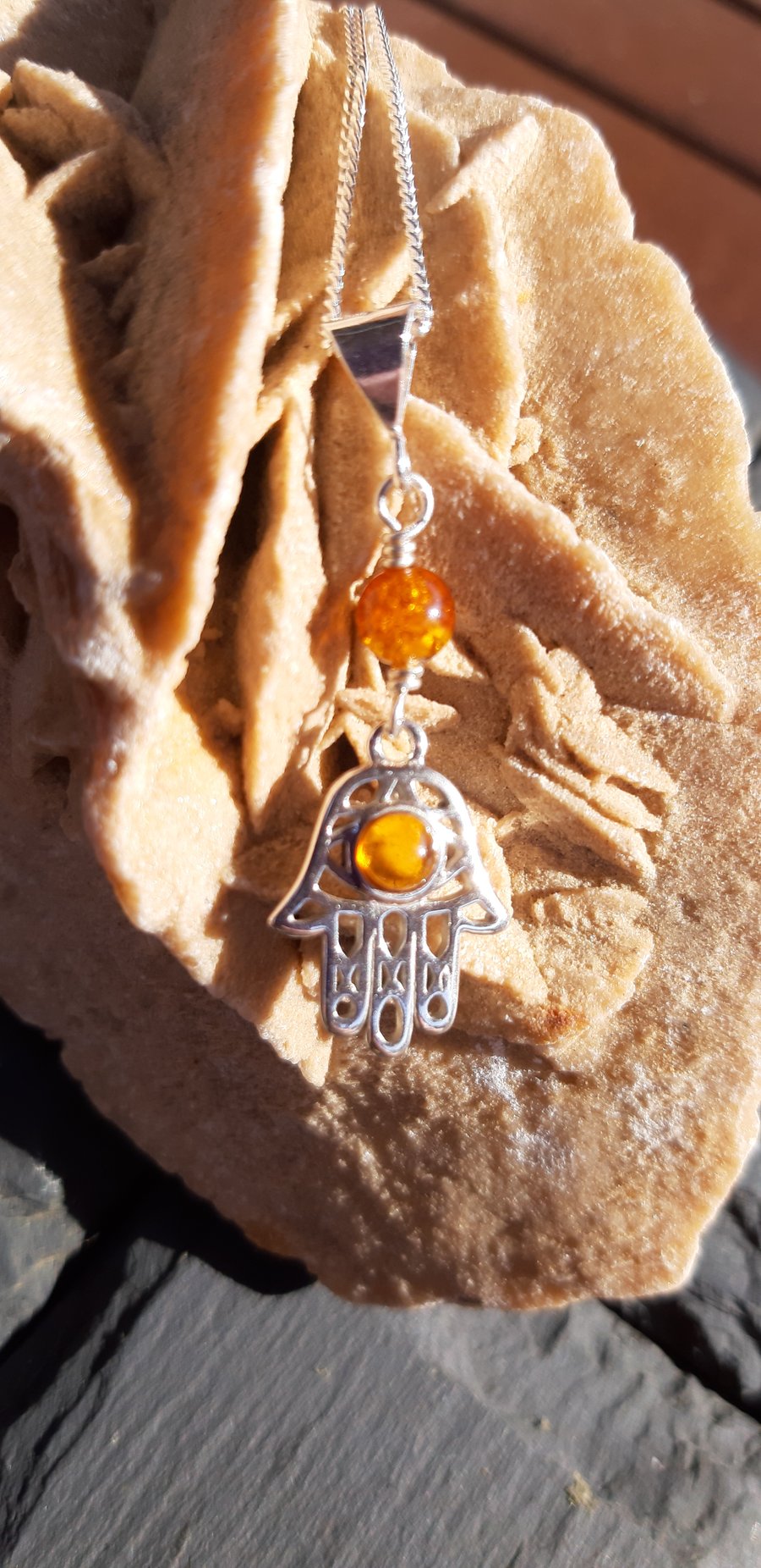 Baltic Amber and Sterling Silver Hamsa Necklace