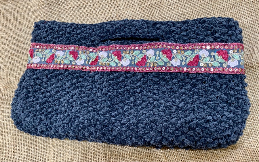 Hand-Knitted Evening Bag In Grey-Green Chenille And Embroidered Sequin Ribbon