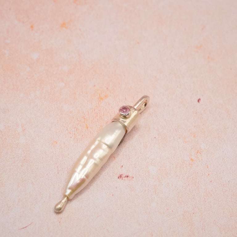 Biwa Pearl and Pink Tourmaline Sterling Silver Pendant