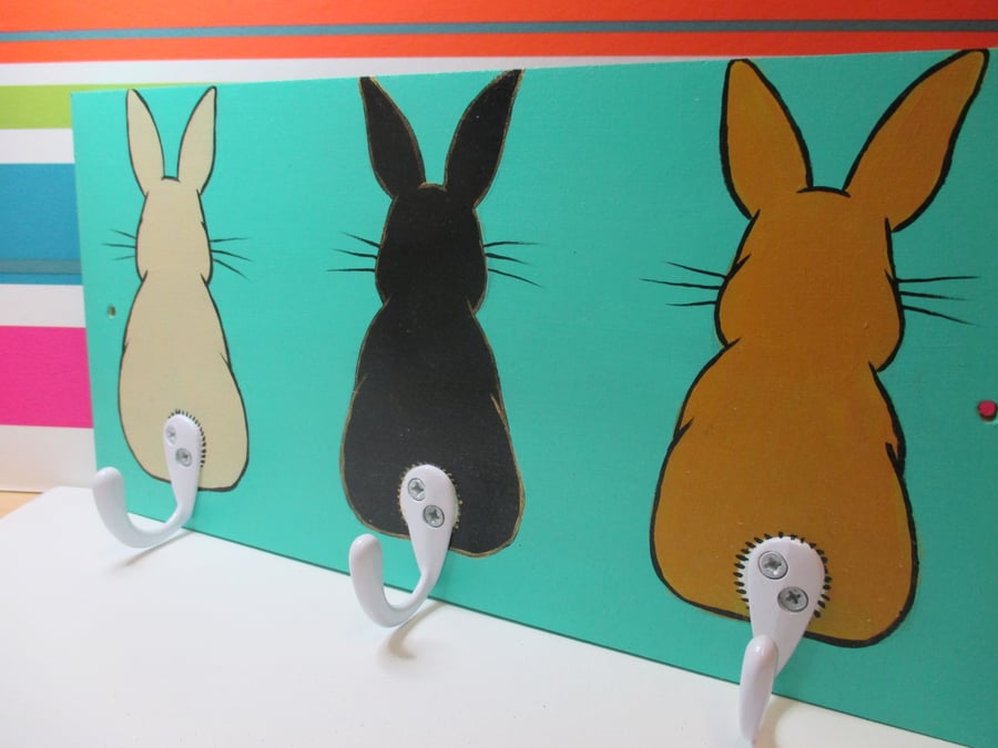 Coat Rack Rail Hook Painted Wooden Bunny Rabbit Bottoms Green Original Art