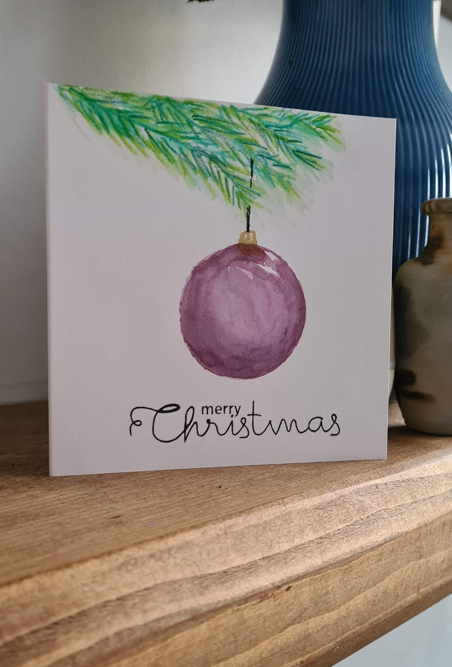 Handpainted purple bauble Christmas card 