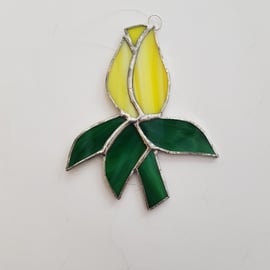 139 Stained Glass Yellow Rosebud - handmade hanging decoration.