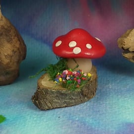 Toadstool with meadow flowers on wooden base OOAK Sculpt by Ann Galvin