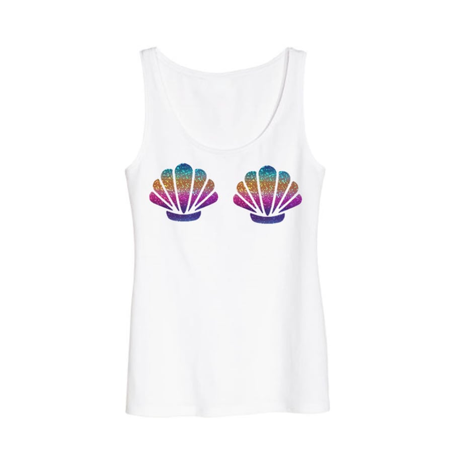 Mermaid Rainbow Holographic Shell Vest Tank Top Disney Ariel Festival White