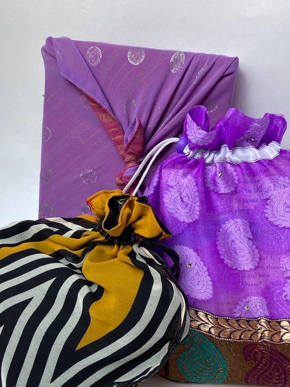 Fabric gift bag and a gift wrap made from sari material