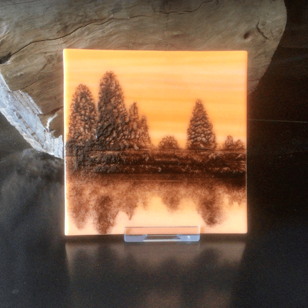 Fused glass mini picture - sunset reflections of trees on water