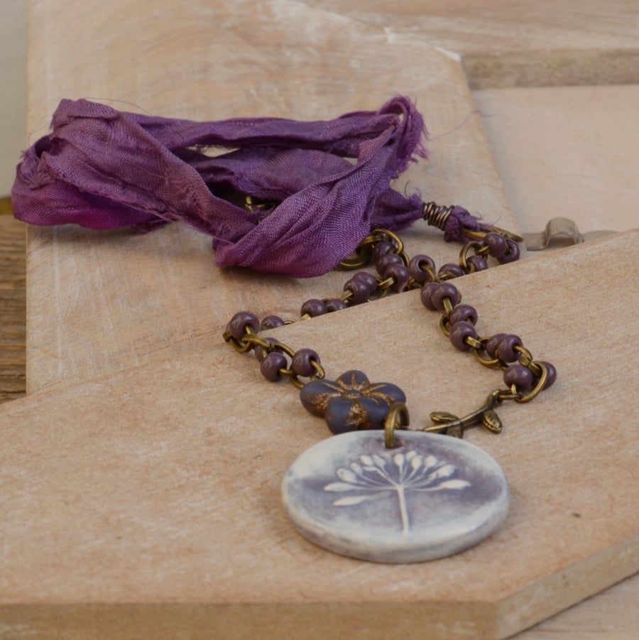 Ceramic Seed Pendant Necklace with Purple Czech Beads and Sari Silk Ribbon