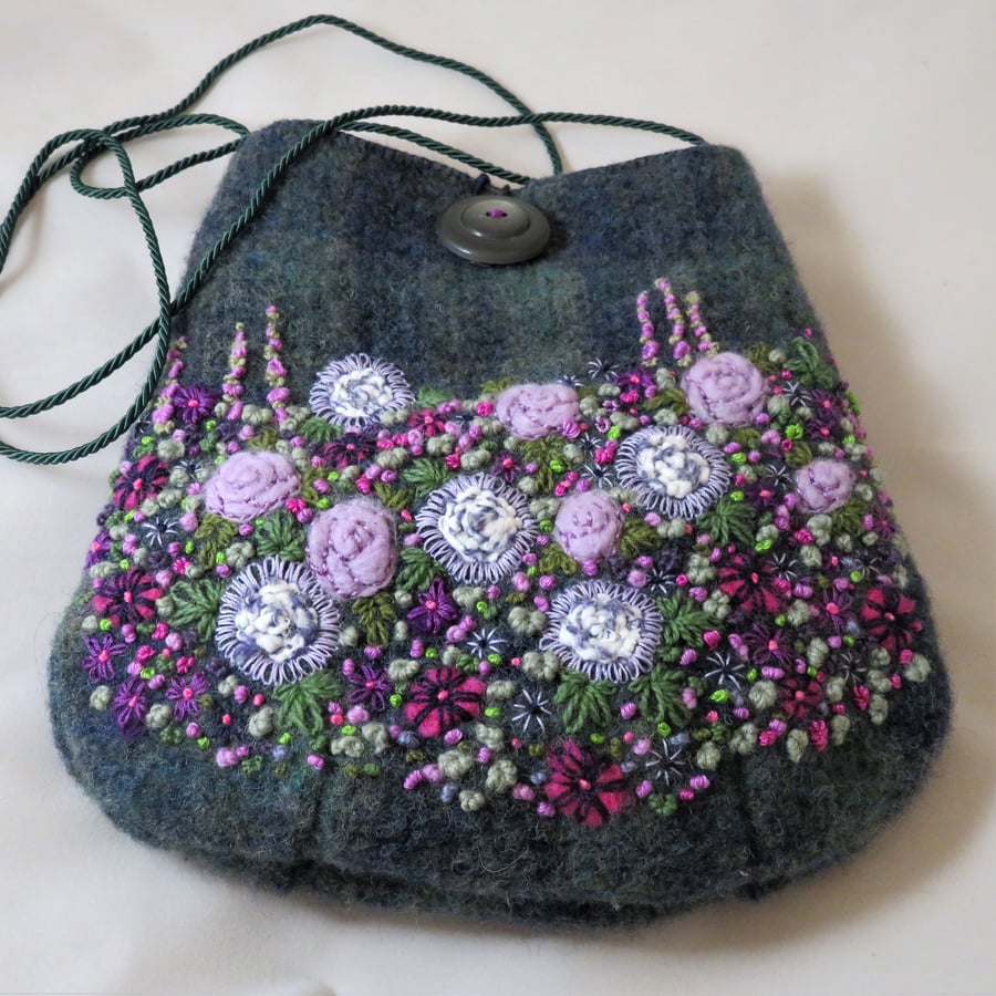 Embroidered Bag - purple garden on recycled blue green tweed