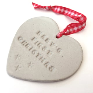 Baby's first Christmas Loveheart hanger, ceramic lovehearts,