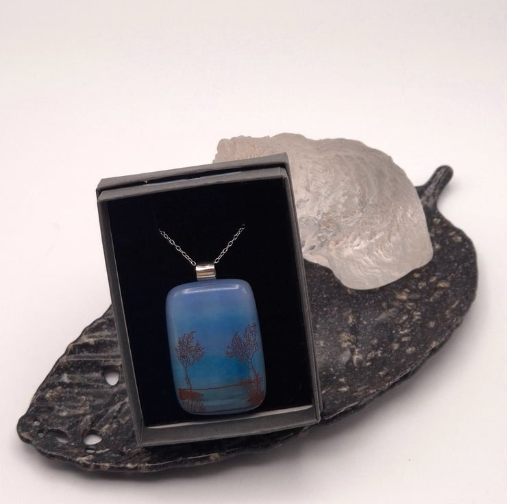 Trees over Water on Blue, Fused Glass Pendant w... - Folksy