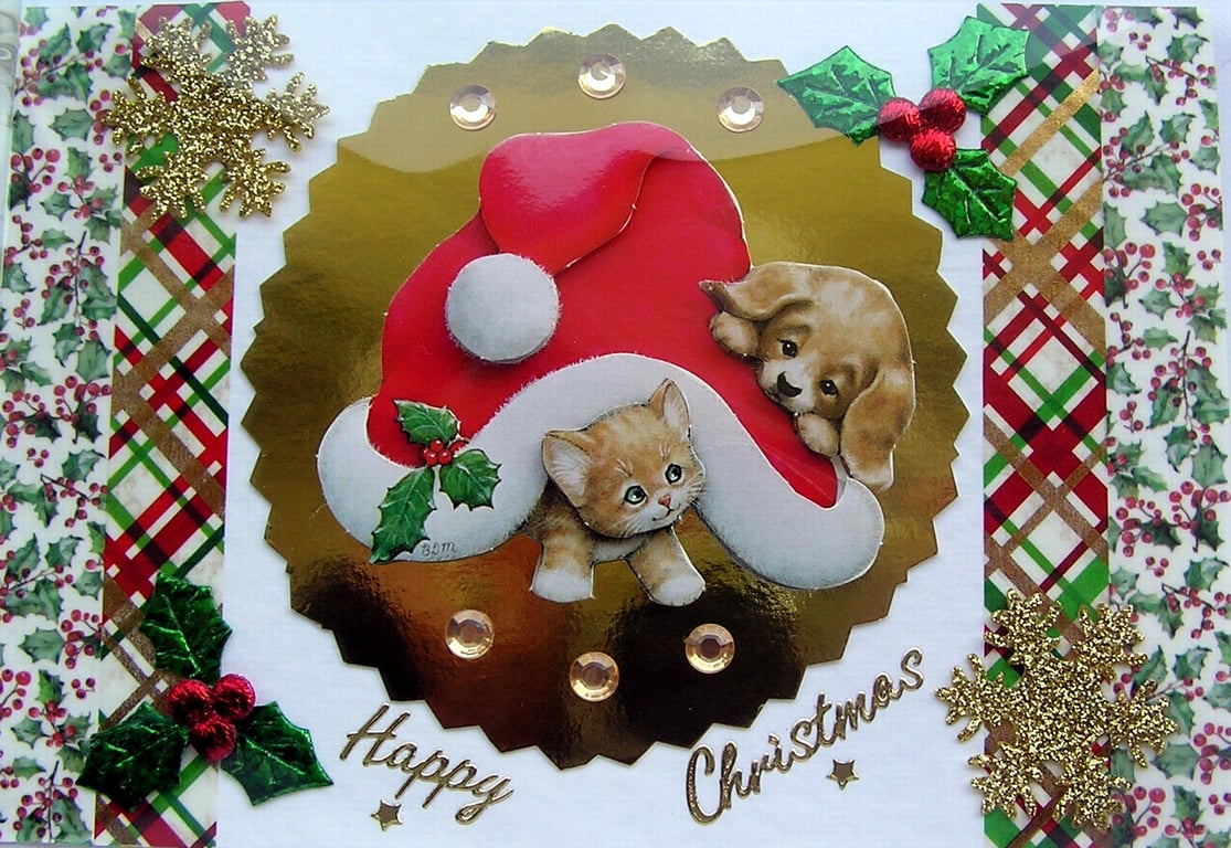 Hand Crafted Decoupage Chistmas Card - Happy Christmas (3199) Puppy & Kitten