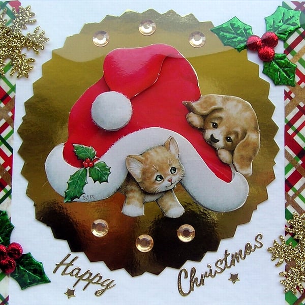 Hand Crafted Decoupage Chistmas Card - Happy Christmas (3199) Puppy & Kitten