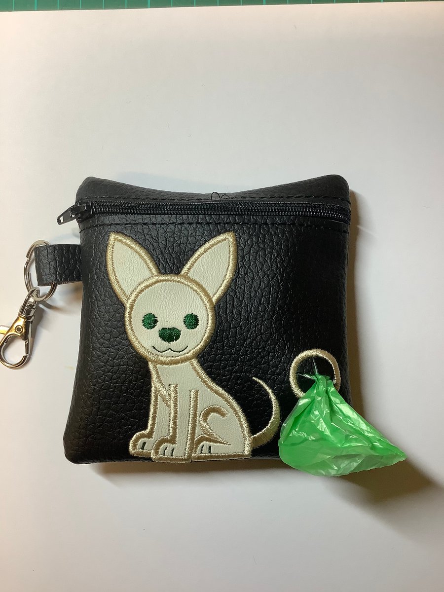 Embroidered Chihuahua  Black faux leather dog poo bag ,dog walking,