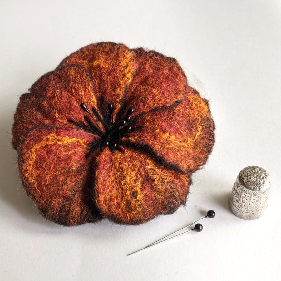 Large felted flower brooch - deep orange