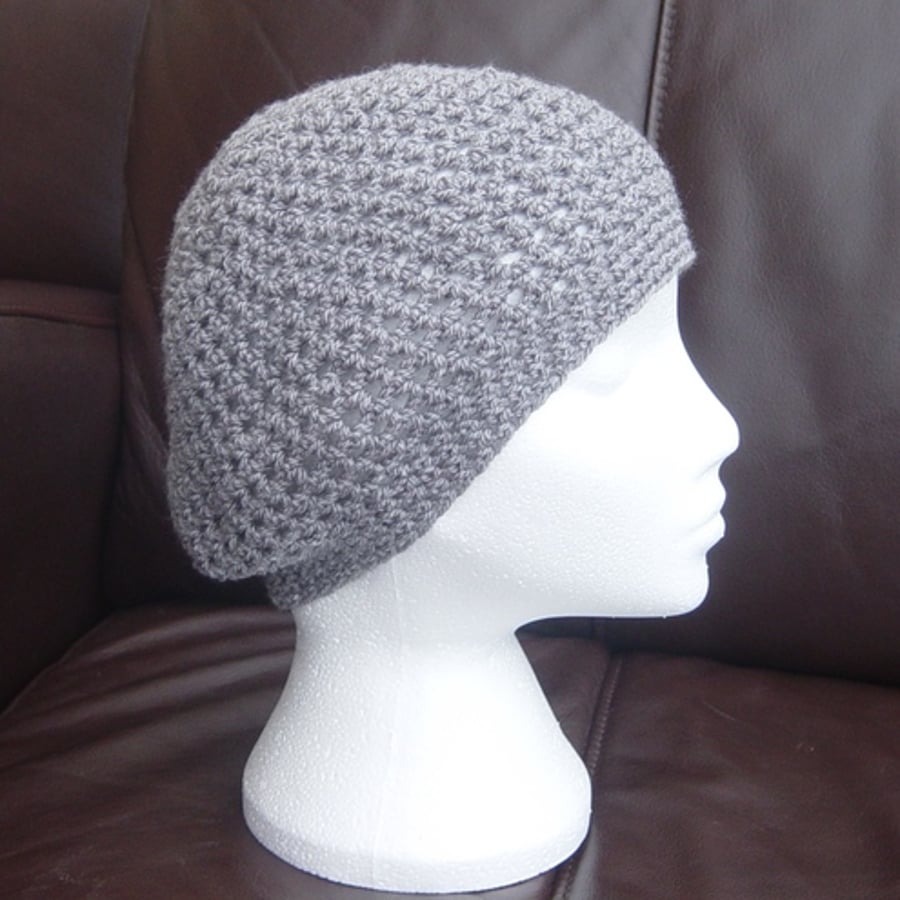 Slate Grey Crocheted Slouchy or Beret, with single & double crochet styles.