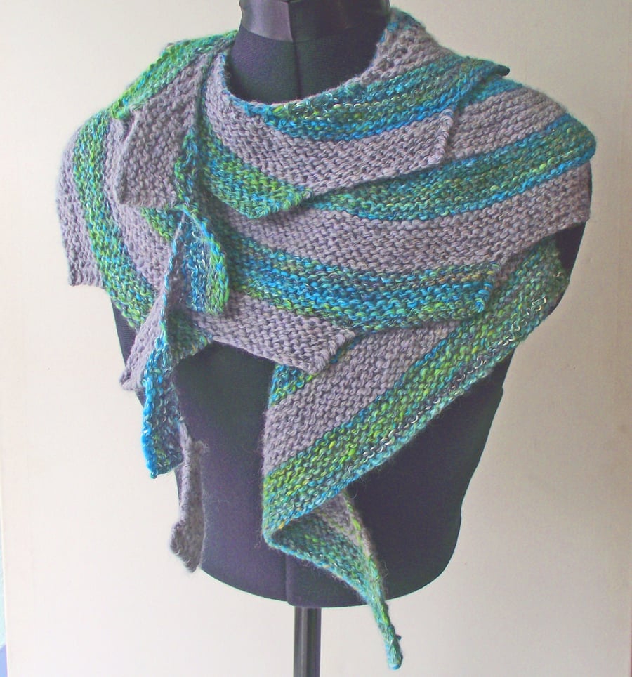 Striped Sawtooth Scarf, Grey, Blue, Green, Handspun Knitted  Merino, Silk