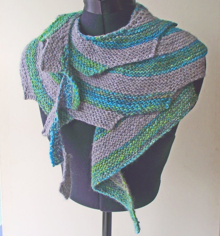 Striped Sawtooth Scarf, Grey, Blue, Green, Handspun Knitted  Merino, Silk