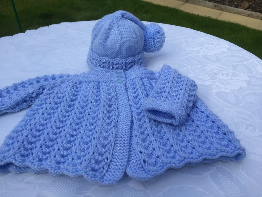 Hand Knitted Baby Matinee Cardigan with Matching Pixie Hat 0-3 mths
