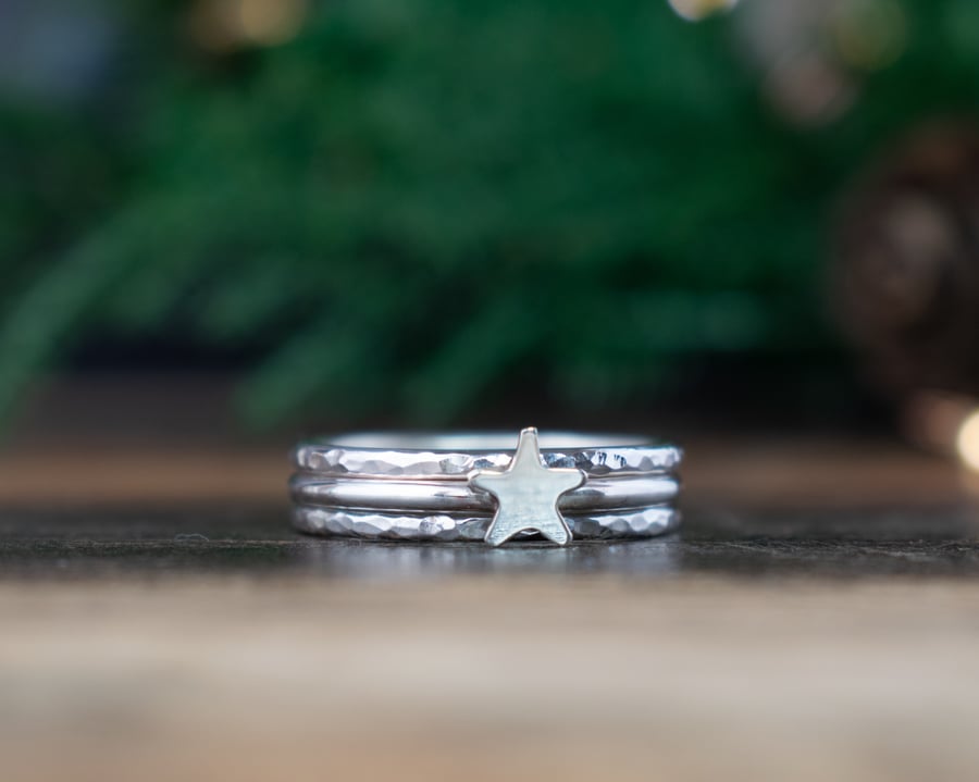 Star and Textured Silver Stacking Ring Set