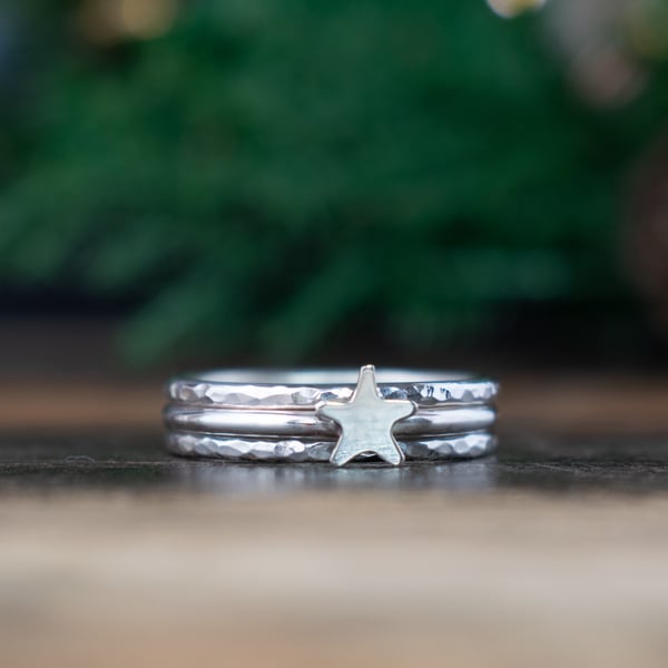 Star and Textured Silver Stacking Ring Set