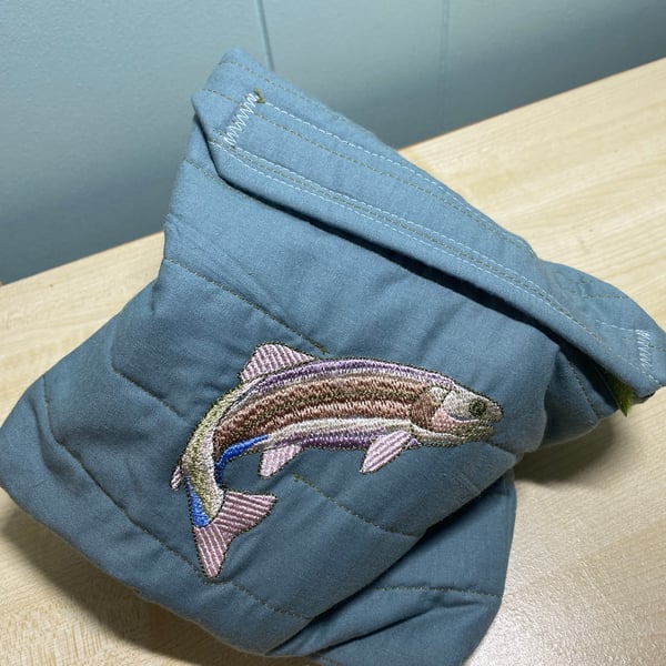 Fishing Reel Bag, Padded and Machine-embroidered with a Trout Design.